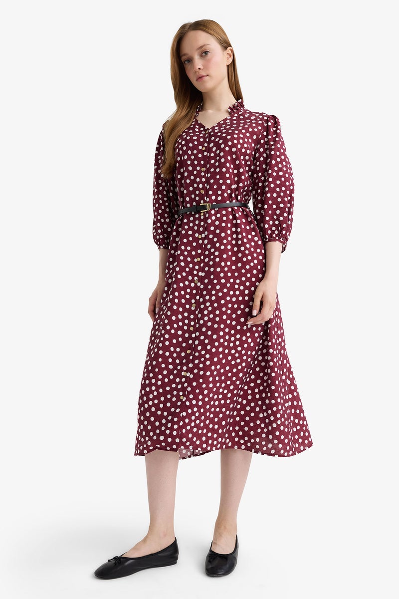 DeFacto Red Woman Relax Fit V-Neck Polka Dot Half Sleeve Dress Casual - Image 3
